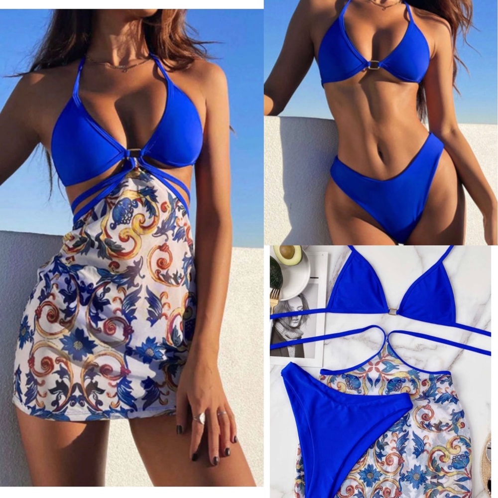 3pcs Self-tie Bikini Set with Floral Print Sarong